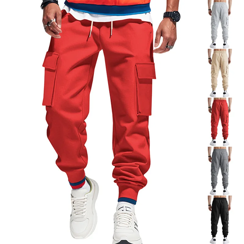 

Autumn Winter Heavy Pants Men's Multi-pocket Casual Sports Leggings Men High Waist Sweatpants Solid Color