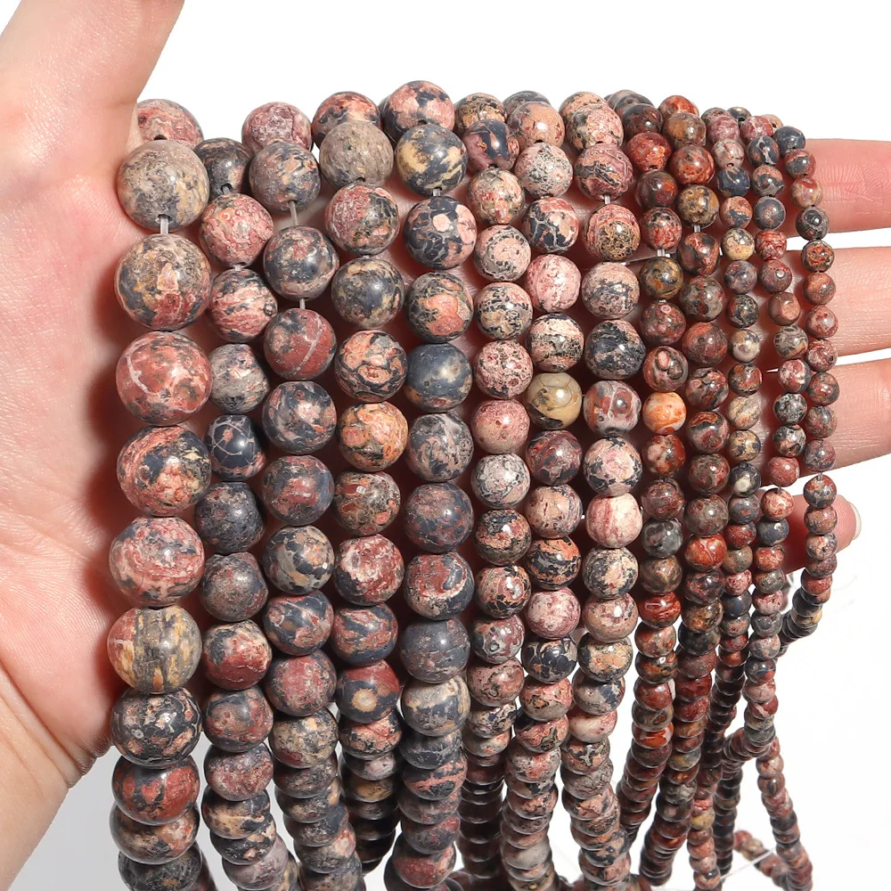 Natural Red Leopard Skin Stone Beads Round Loose Jasper Spacer Beads for Jewelry Making Diy Bracelet Necklace 4/6/8/10/12mm 15in