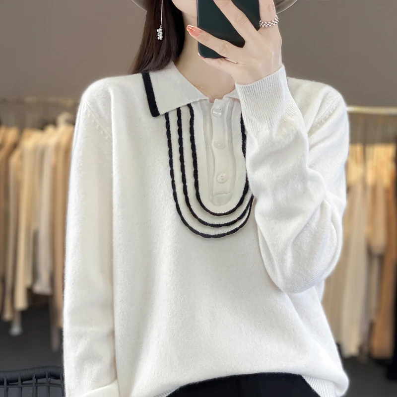 

Autumn and winter new lapels 100% pure wool loose slim sweater retro contrast knitted cashmere sweater