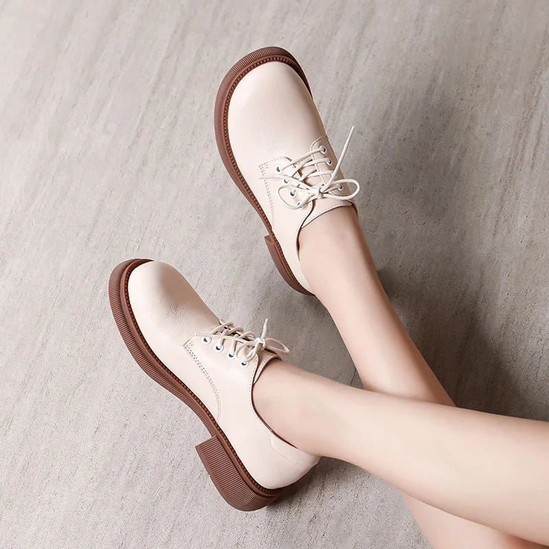 White Round Toe Shoes Brown Women Winter Shoes Genuine Leather Women's Loafer Low Heel Moccassin Elegant Comfortable Rom Strap