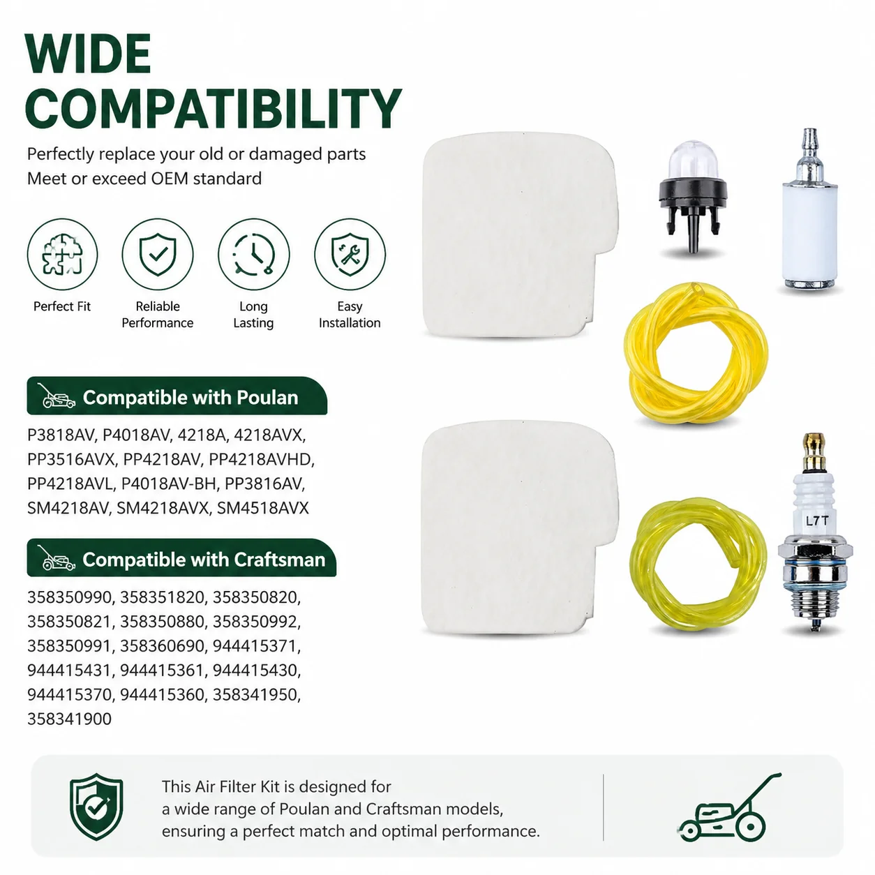 Für Poulan 530057869 Luftfilter-Kit, Tune-Up-Kit P3818AV P4018AV 4218A PP4218AV Kettensägen-Kraftstofffilter, Kraftstoffleitung, Zündkerze, Primer-Ballon