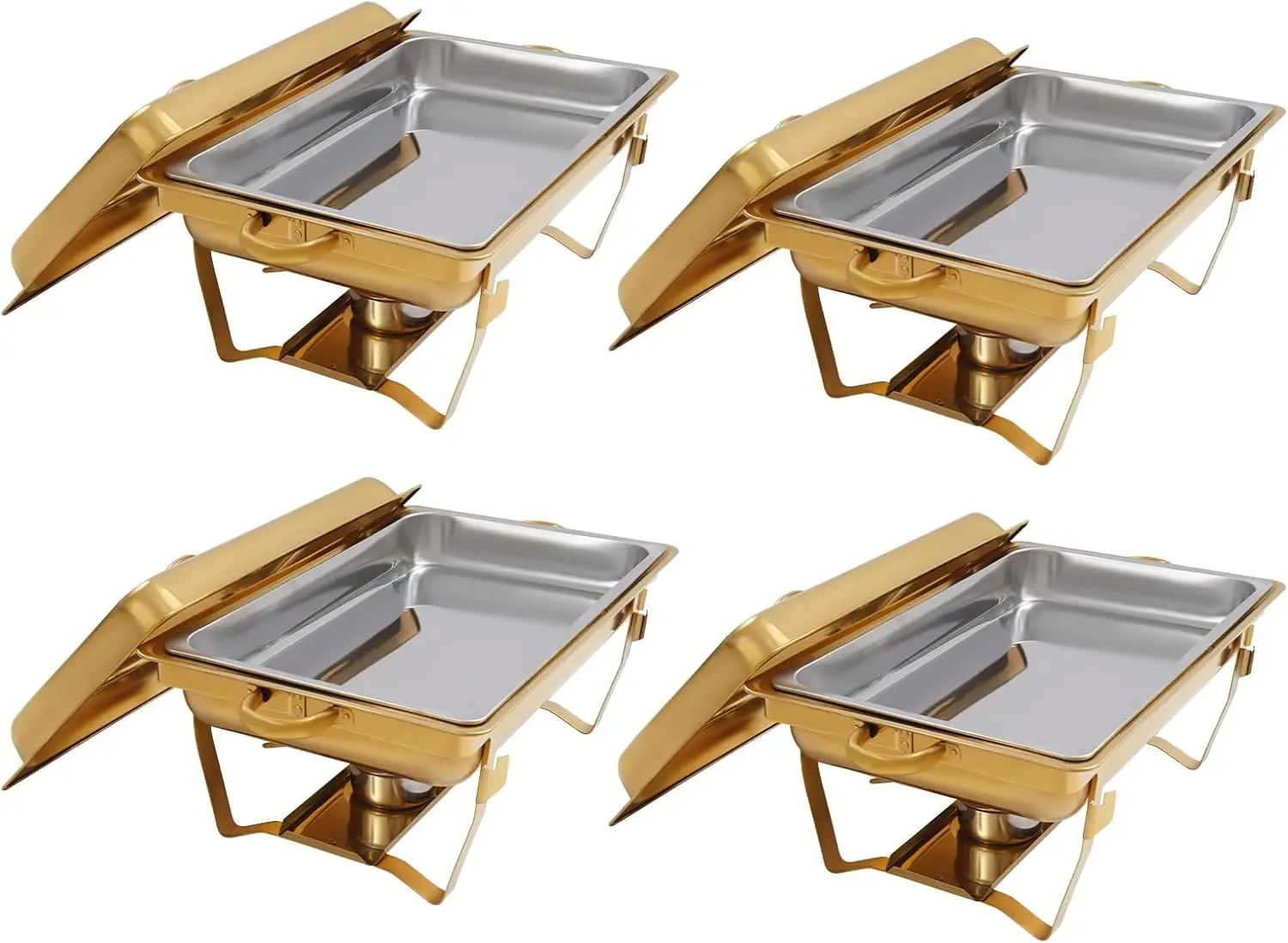 4-delige chafing dishes voor buffet, 9.68QT gouden roestvrijstalen chafing dish buffetset met opklapbare frames, voedselwarmer