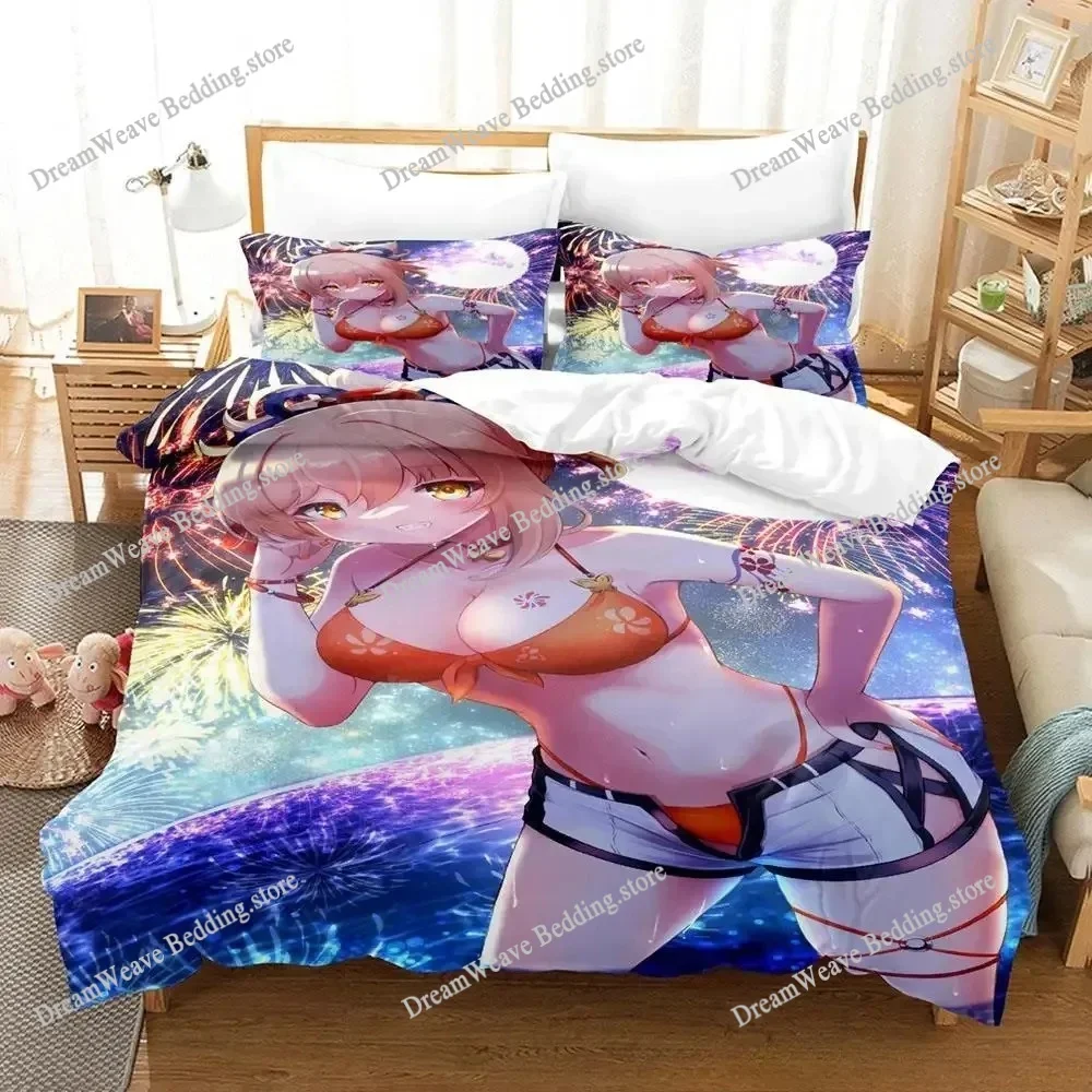 

New Anime Genshin Impact Yoimiya Bedding Set King Duvet Cover Pillow Case Comforter Cover Bedclothes Bed Linens Home Textiles741