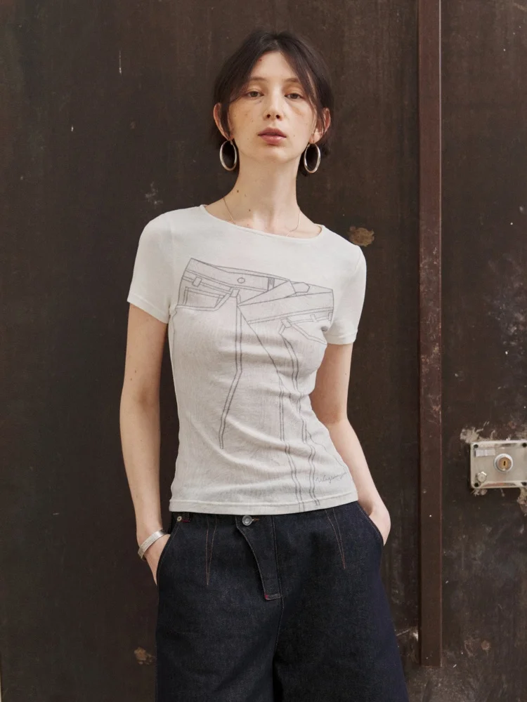 

Высокоэластичная хлопковая футболка с принтом ручной работы, маленький размер, Wangwangwork, женская повседневная футболка с круглым вырезом и коротким рукавом