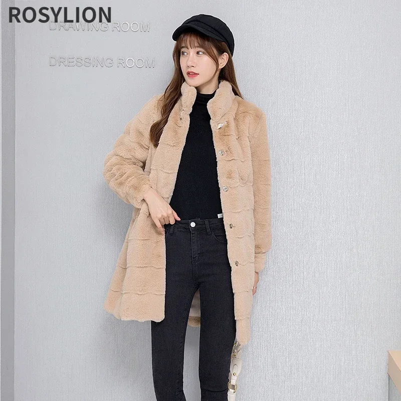 

Danish Mink Fur Coat Women Long Faux Fur Overcoat Winter Stand-up Collar Long Sleeve Button Up Velvet Fluffy Plush Windbreaker