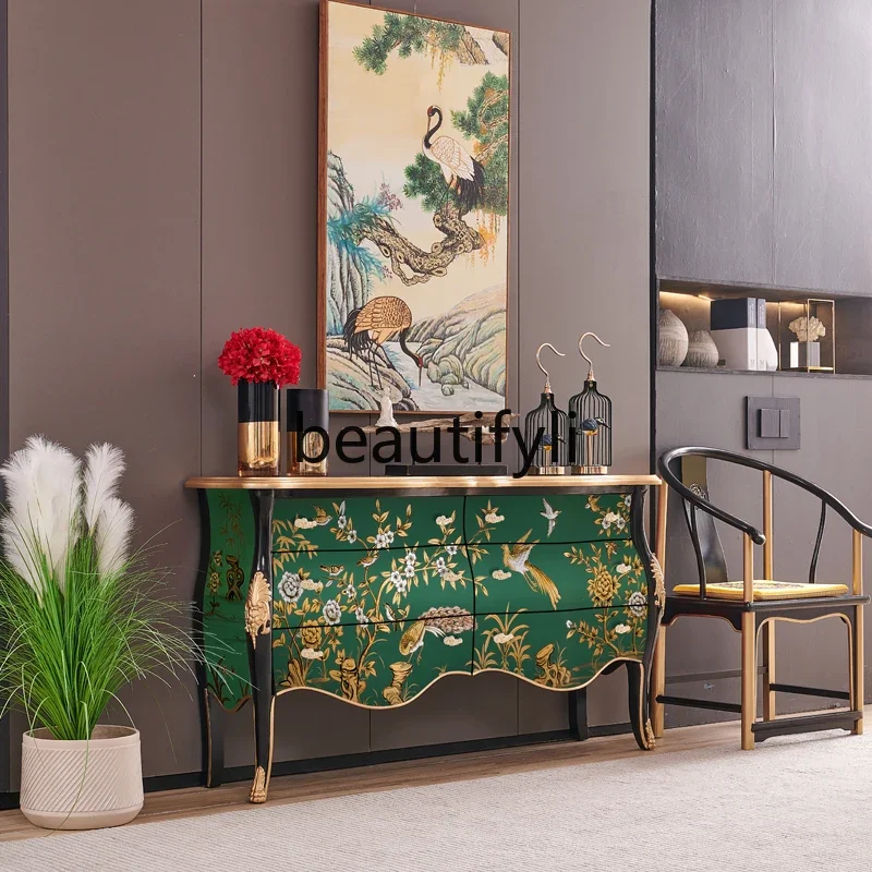 

xzxNew French retro olive emerald painted Chinese solid wood foyer decorative entrance cabinet