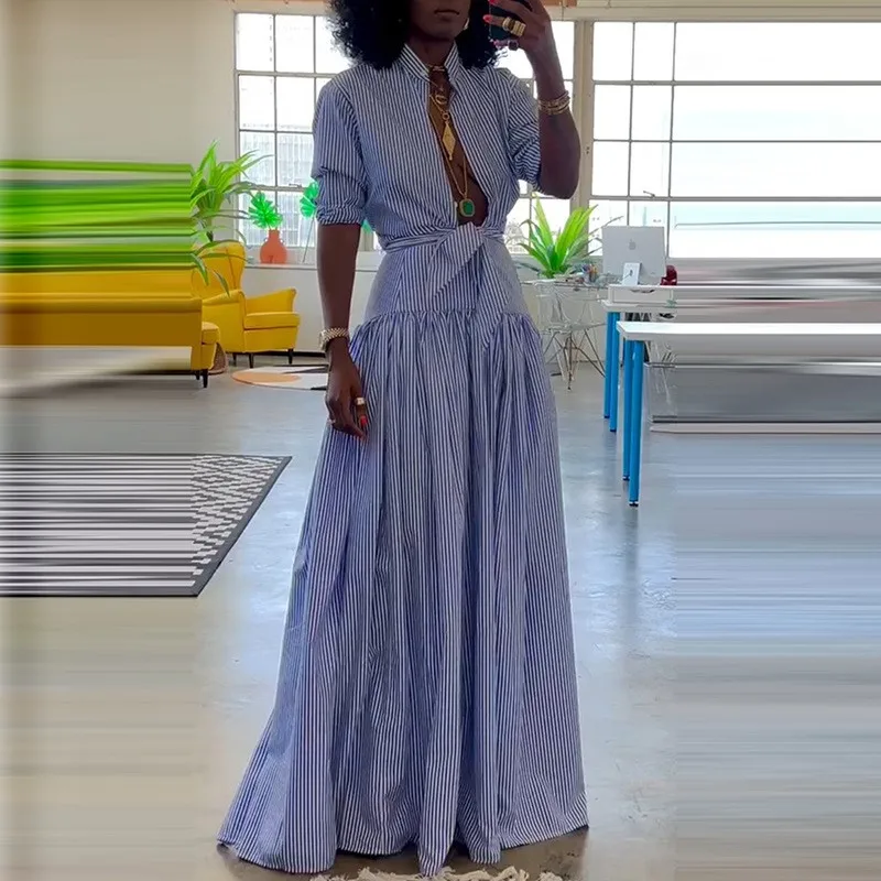 Casual Gestreiften Frauen Lange Kleid 2025 Sommer Revers Einreiher Kurzarm Hemd Kleid Mode Midi Sommerkleid Urlaub Outfit