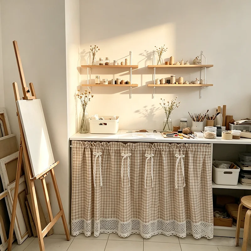 Modern Khaki Plaid Small Curtains Boho Style Beige Hollowed Lace with Bow Decor Half Curtain For Living Room Kitchen and Cabinet