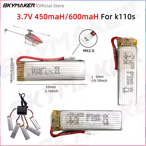 Wltoys K110S lipo Battery 3.7V 450mah 600mah RC Battery with MX2.0 Plug for RC Helicopter K100 Parts