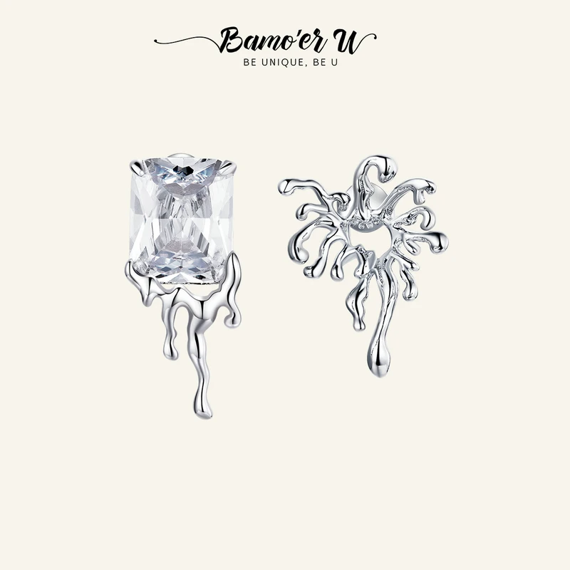 

BAMOER U Ocean Series 925 Sterling Silver Asymmetrical AAA Zircon Stud Earrings For Women European Creative Stud Buckles Gift