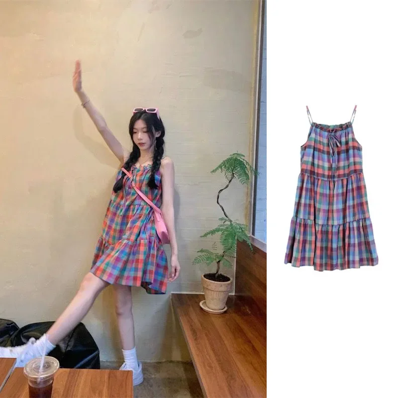 Sweet Polka Dot Plaid Tank Dress Women's Summer Loose Fit Fashionable Korean Style Ins Red Blue Printed Dresses