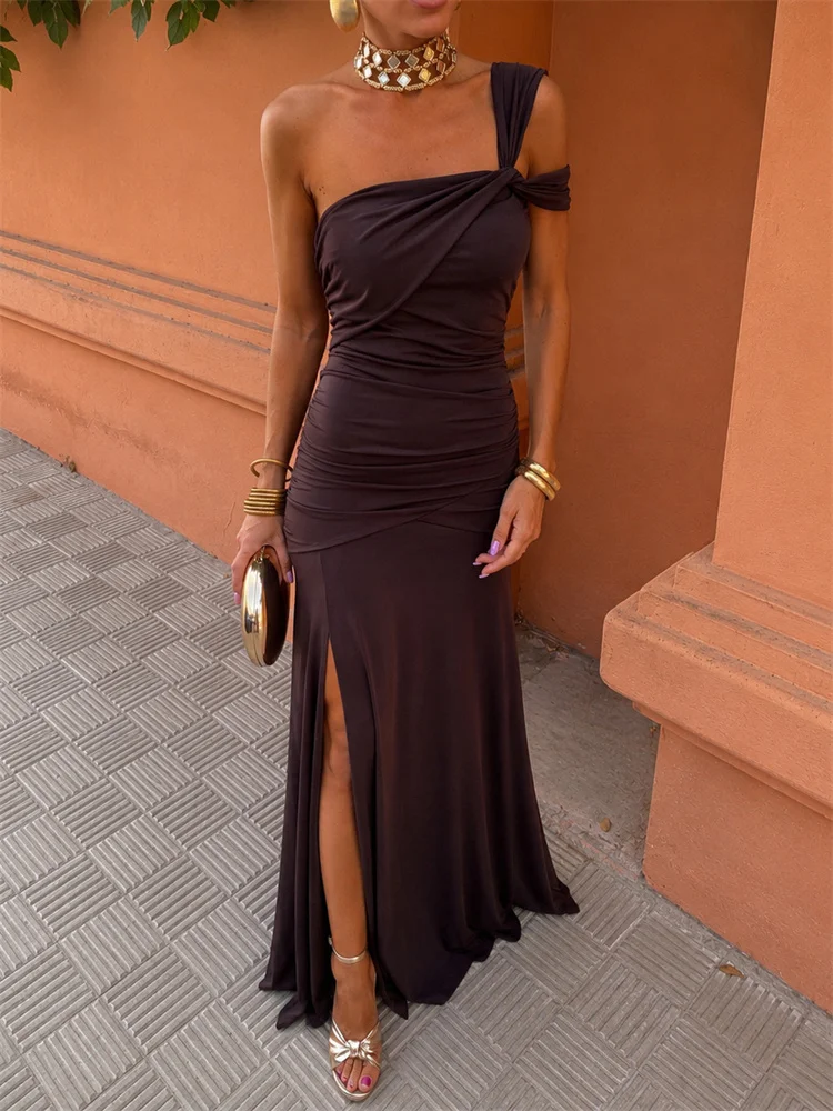Tossy Women's Stretch Jersey One Shoulder Cutout Dress Ruched High Slit Bodycon Maxi Dress Elegant Evening Gown for Vacation New