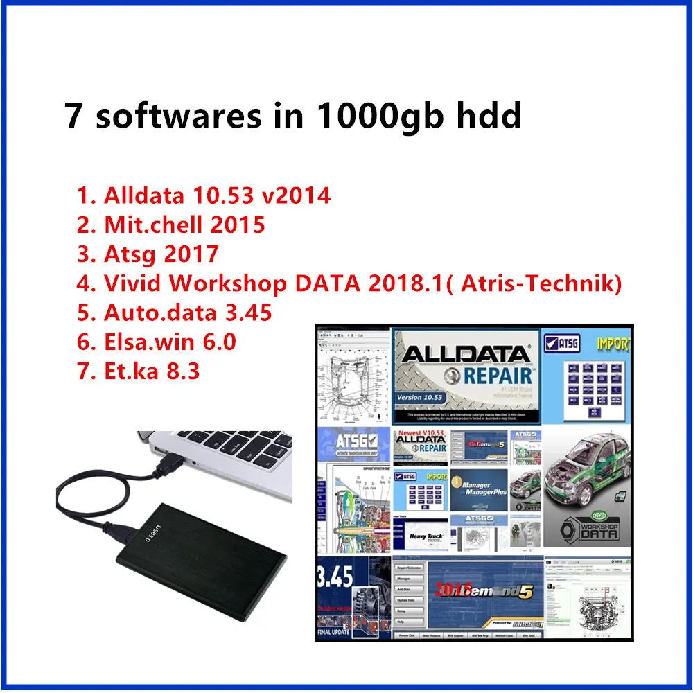 2024 Hot Alldata 10.53 Software Autodata 3.45 Mi.chel 2015 ATSG Vivid Workshop 2018 ElsaWin 6.0 Auto Repair Software 7in 1TB HDD