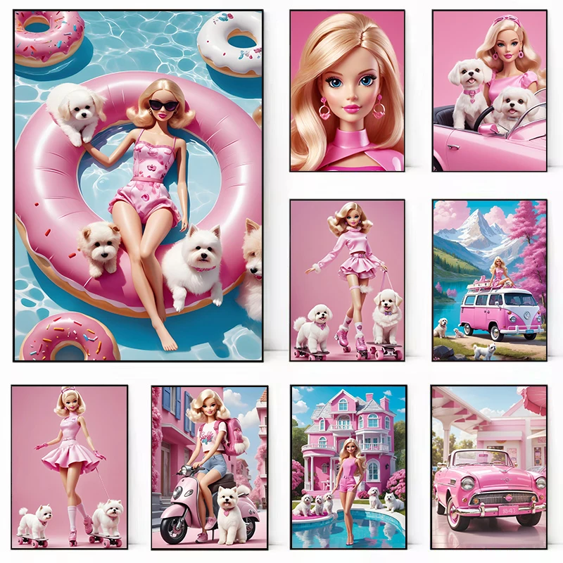 Classic Fashion Pink Lovely Doll Girl Luxury Car Swimming Pool Nordic Poster Canvas Painting Wall Picture Home Bedroom Decor