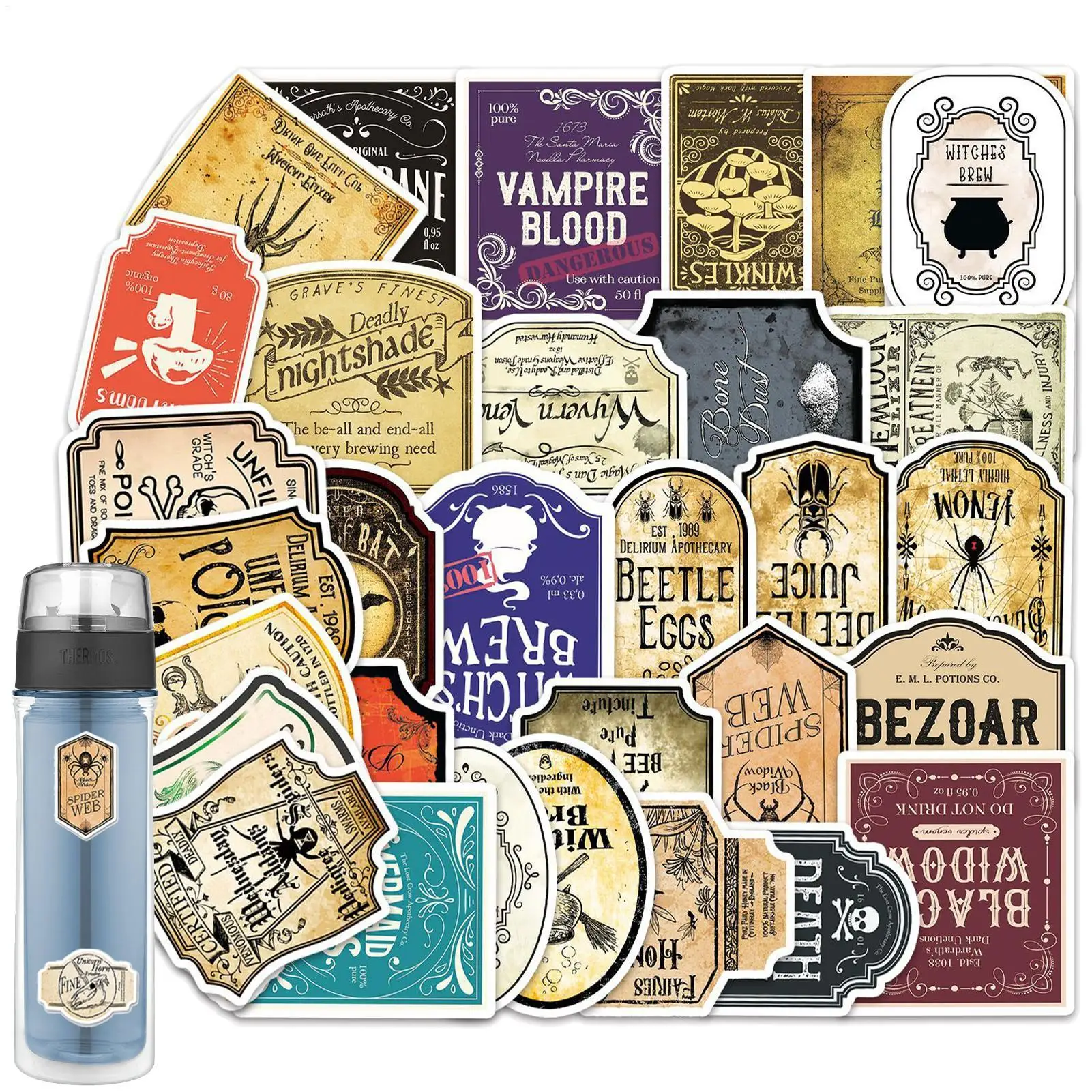 50pcs Potion Label Stickers Decorative Waterproof PVC Cool Trendy Potion Waterproof Stickers Luggage Suitcase Laptop Skateboard
