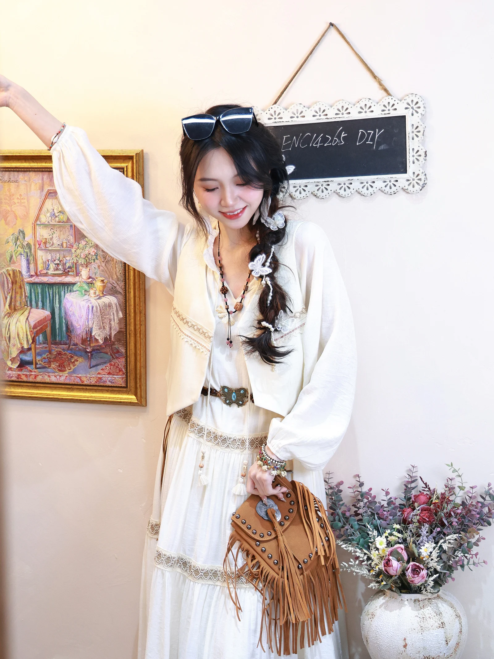

Bohemian Ethnic Style Vest Jacket Travel Wear Women's Short Outerwear Embroidered No-Sleeve Top V-Neck Pure Color Spring Season