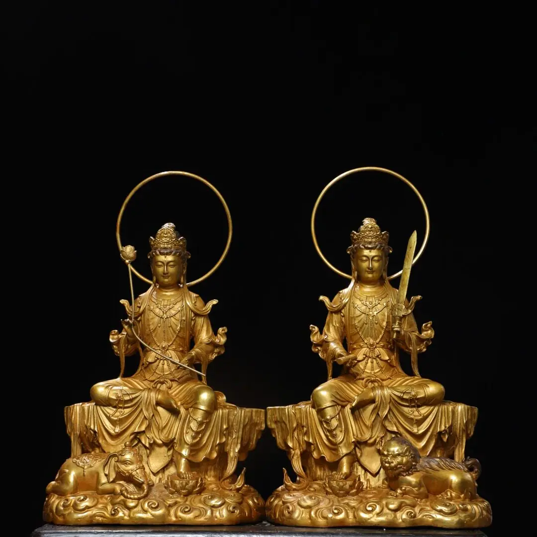Brass Manjusri Samantabhadra Huayan Three Saints Buddha Statue Home Temple Altar Decoration