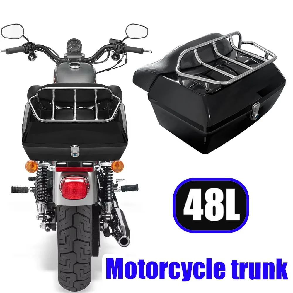 Motorrad-Aufbewahrungsbox mit Aufbewahrung, zwei Integralhelme mit Racks und weicher Rückenlehne, geeignet für hinten montierte Fahrzeuge mit Racks