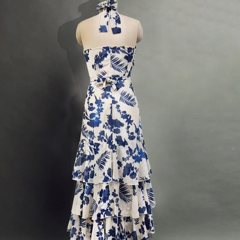 Impressão feminina verão vestido longo halter sem mangas cintura alta praia vestido de verão fora do ombro oco para fora em camadas maxi vestidos femininos