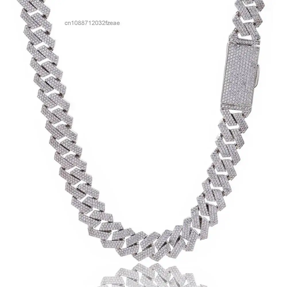 Luxury Three Rows Rose Gold Plated S925 Silver Moissanite Necklace for Men Hip Hop Rhombus Cuban Chain Style Third Party Certifi