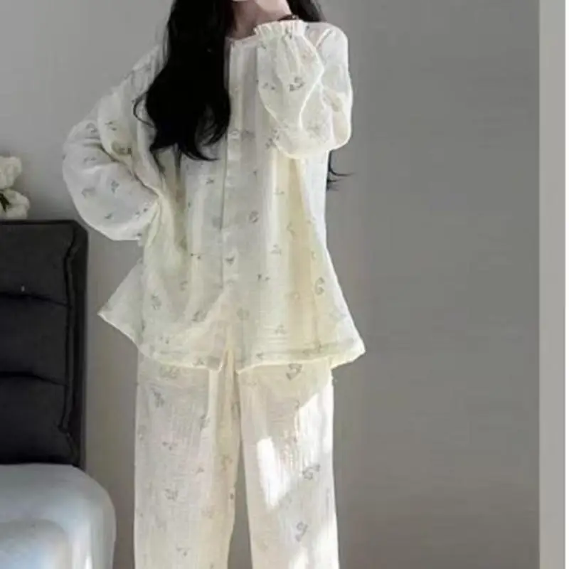 New Women's Floral Print Crinkle Pajama Set Ruffle Crew Neck Long Sleeve Soft Casual Clothe Ladies Sleepwear Loungewear Suit