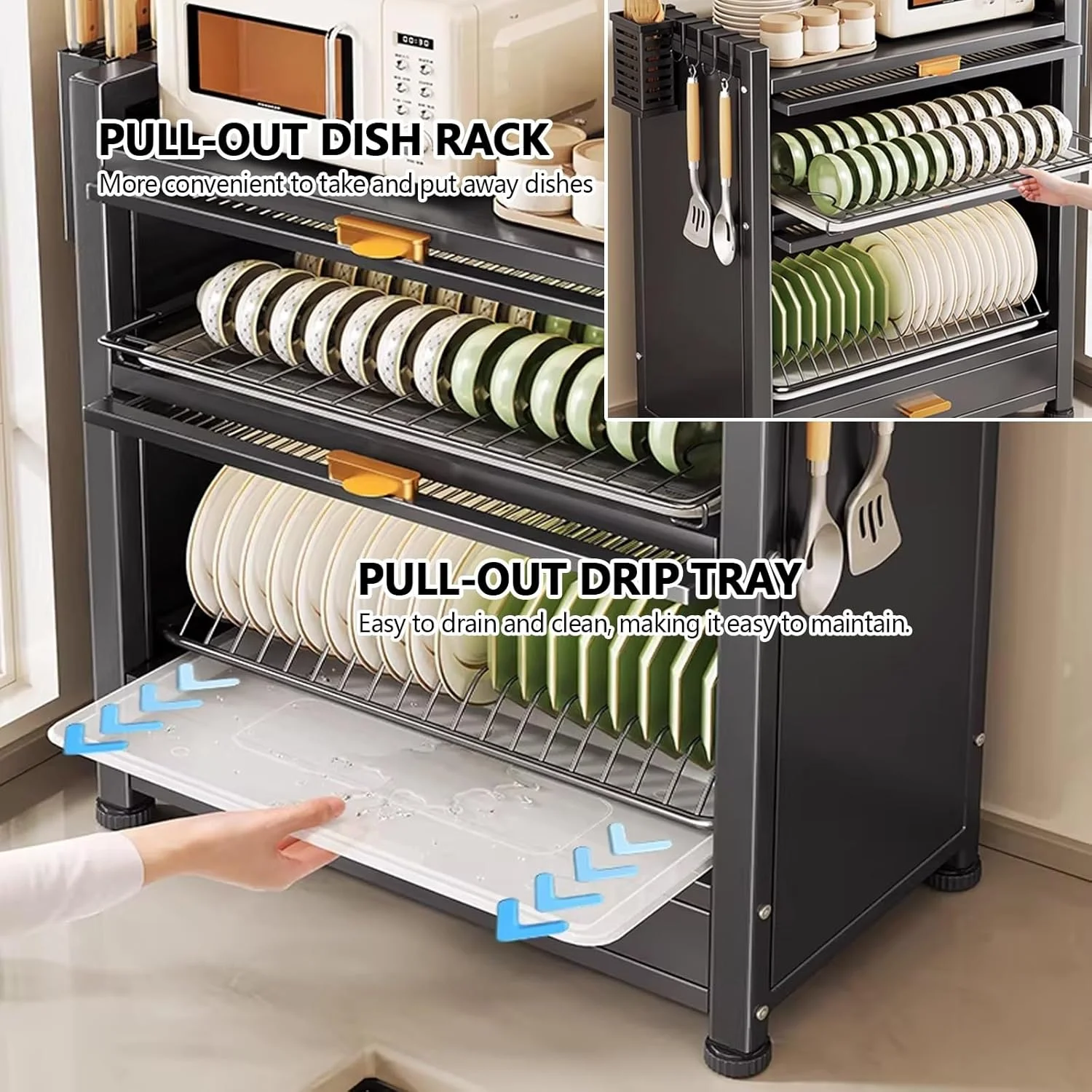 Double Eco-Friendly Waterproof Metal Pull-out Dish and Bowl Storage Rack Dust-proof Cabinet Kitchen Drainage Rack