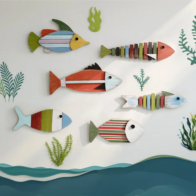 Handcrafted Wooden Ocean Style Art Wall Decoration Colorful Fish Model Hanging Ornament Nordic Home Decoration Bathroom Porch