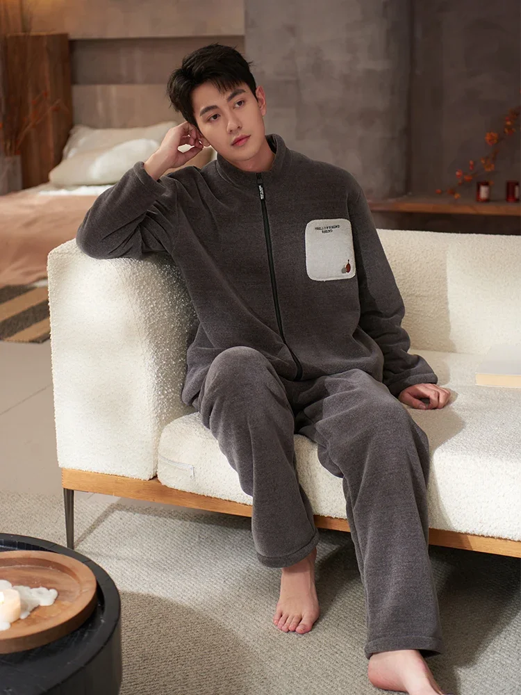 Men's Autumn and Winter Integrated Coral Fleece Set Thickened Fleece Flannel Loungewear