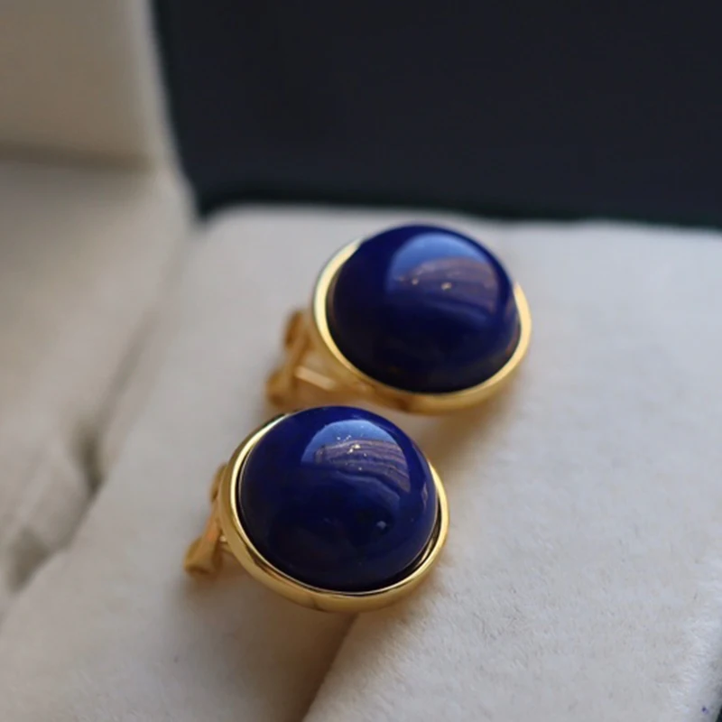 

Natural Lapis Lazuli Earrings Women's Sterling Silver Earrings Blue Retro Round Big Stud Earrings Senior Temperament Simple
