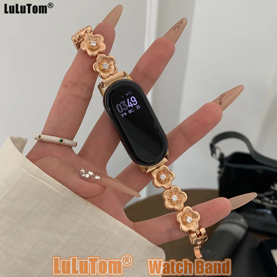Strap For Xiaomi Mi Band 10 9 8 Pro Fashion Flower INS Diamond Brushed Watchband For Miband 8Pro 9 Pro Copper Bracelet Wristband