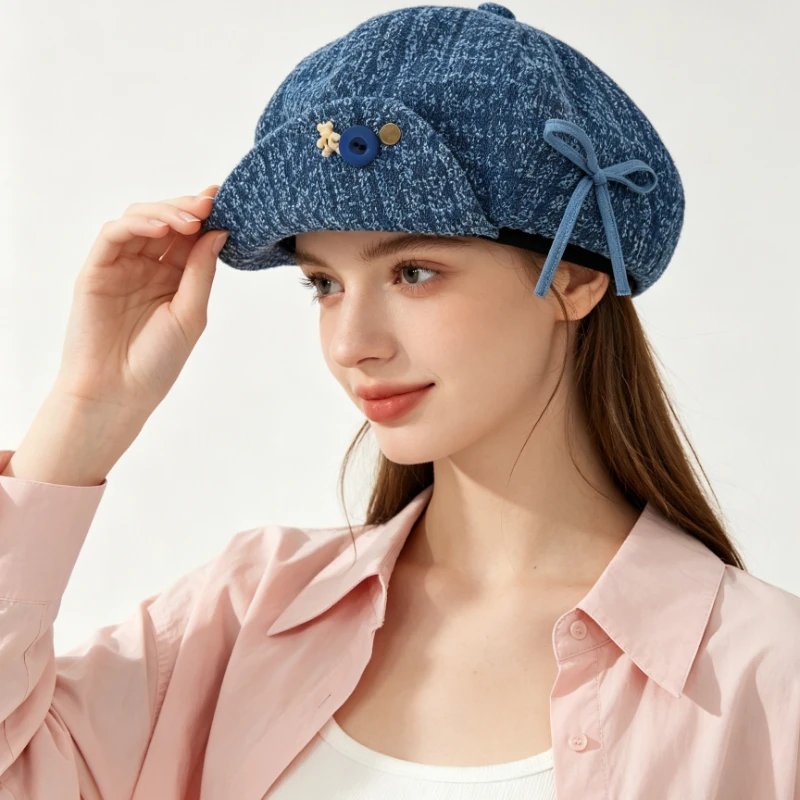 Cute Bow Button Design Denim Beret Hats for Women Sweet Spring Summer Travel Sunscreen Painter Octagonal Newsboy Cap Chapéus