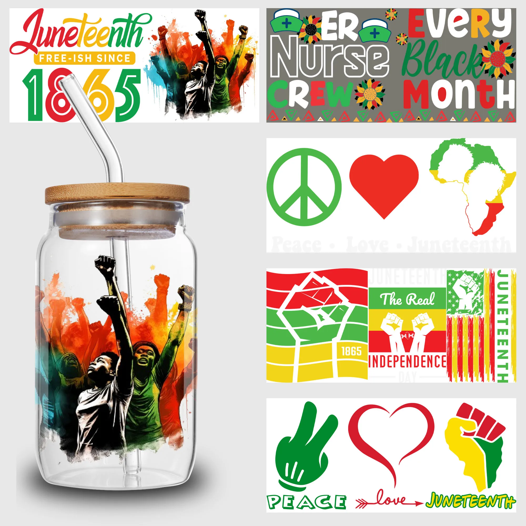 5 sheets Juneteenth UV DTF cup stickers, glass sports DTF transfer stickers, waterproof wipe transfer paper