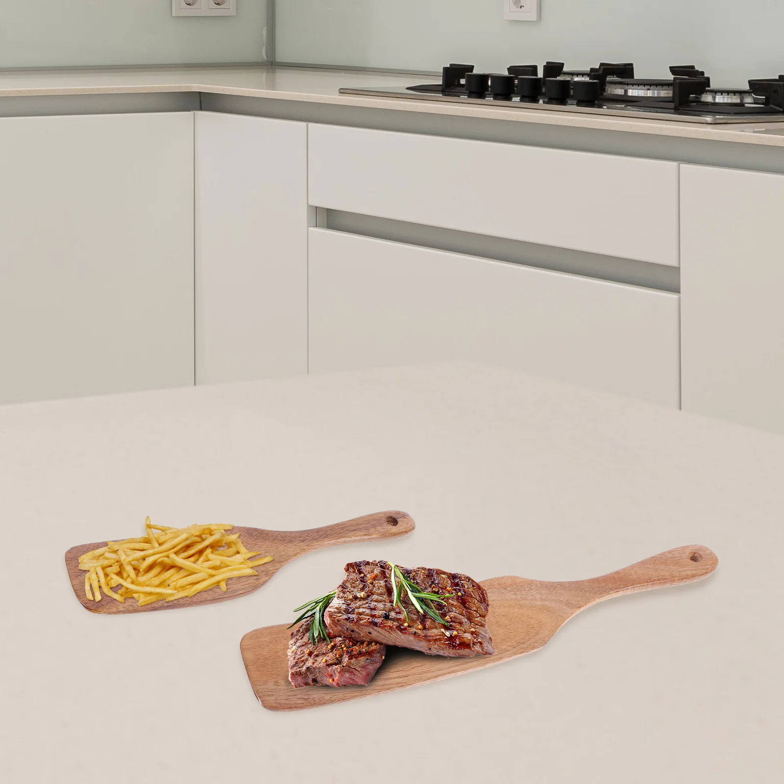 

2Pcs Flat Wooden Spatula Long Handle Solid Wood Kitchen Turner for Flipping Eggs Frying Sourdough Safe Non-Stick Cooking