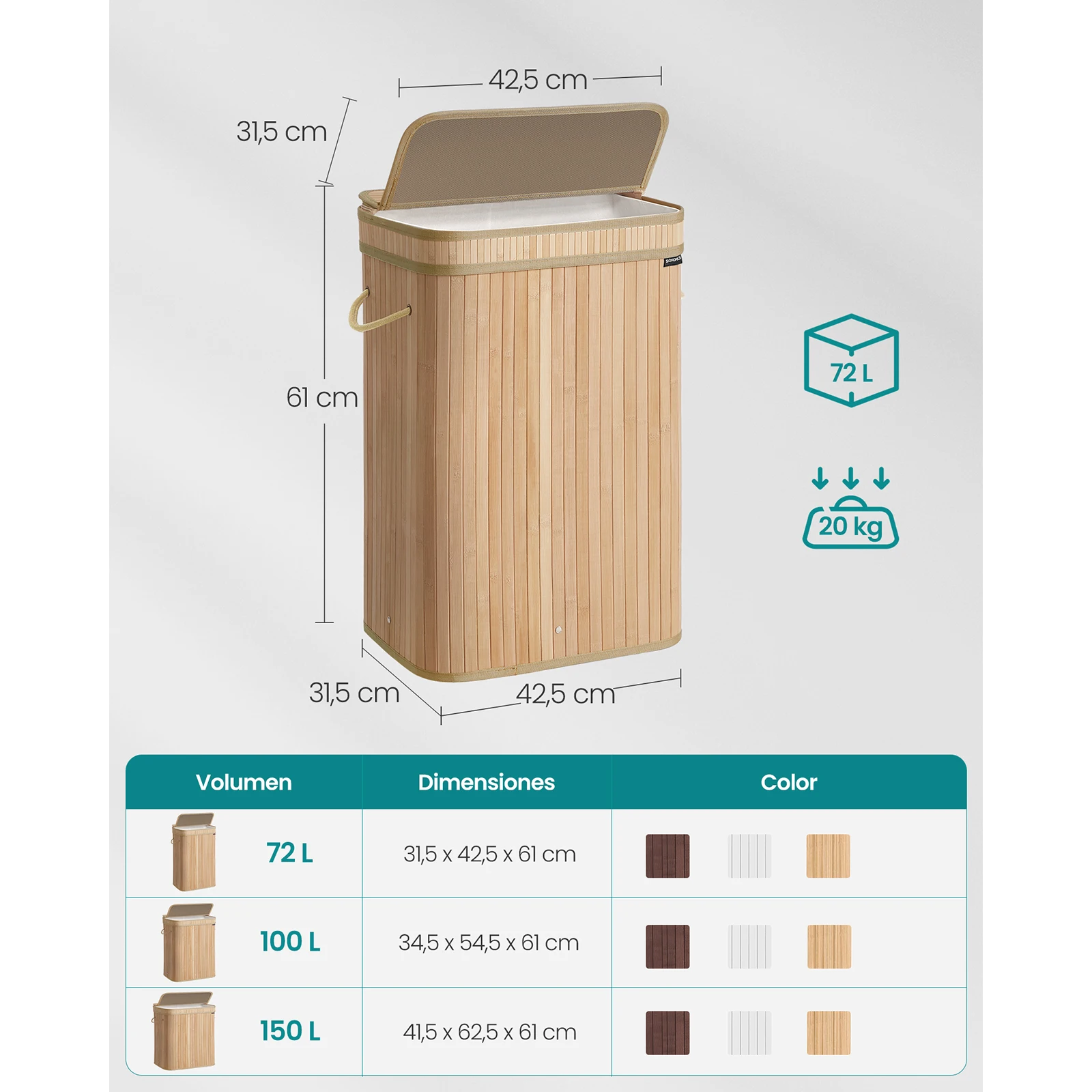 SONGMICS Bamboo Laundry Hamper with Lid, Removable Machine Washable Basket, Handles, 72L, Laundry Room, Bedroom, Washroom