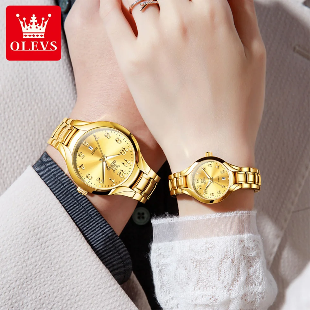 OLEVS 3650 Orologi da coppia Orologi al quarzo luminosi impermeabili Orologi con data in acciaio inossidabile per coppia Confezione regalo di moda originale
