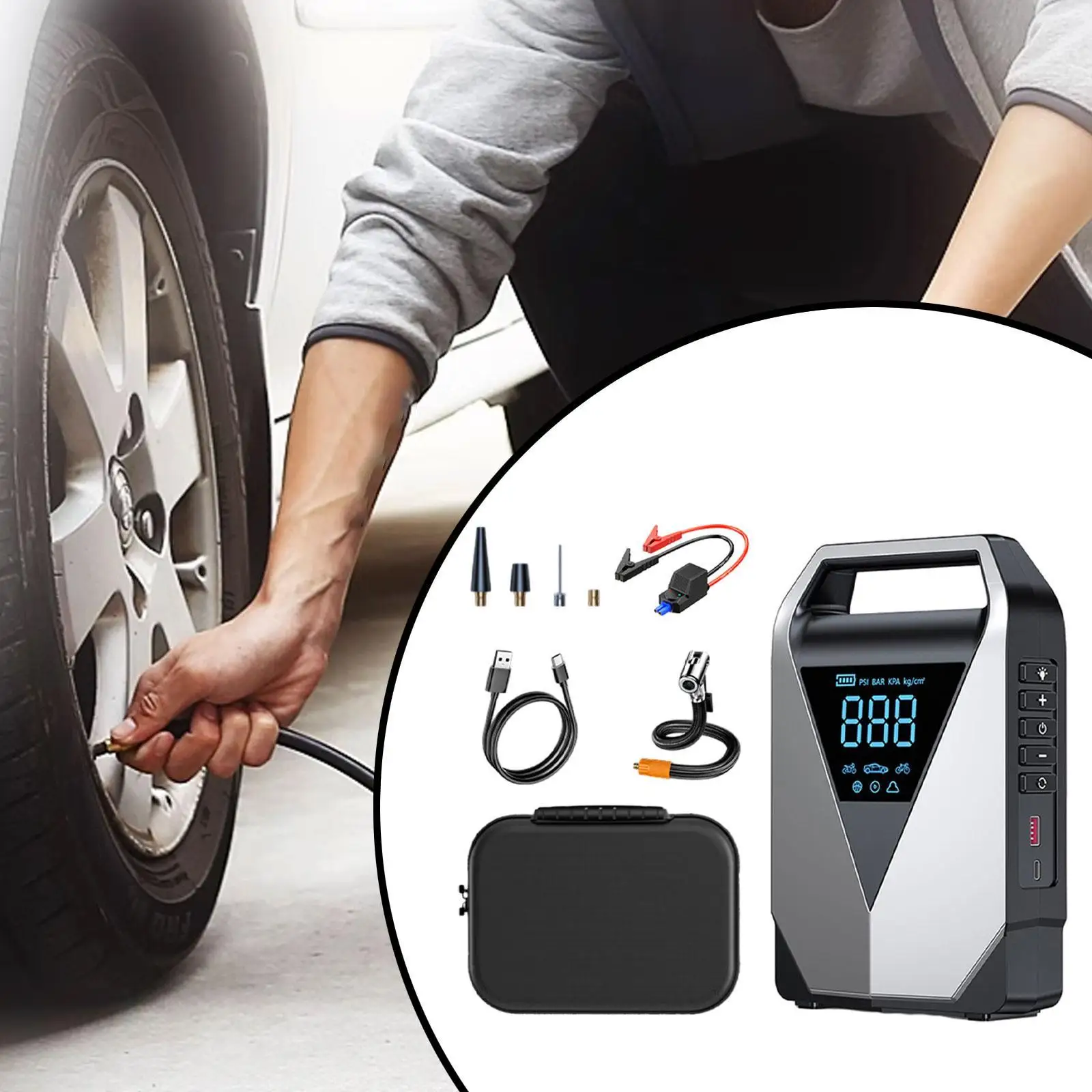 Car Jump Starter Air Pump with Emergency Light for Bicycles Cars Bikes