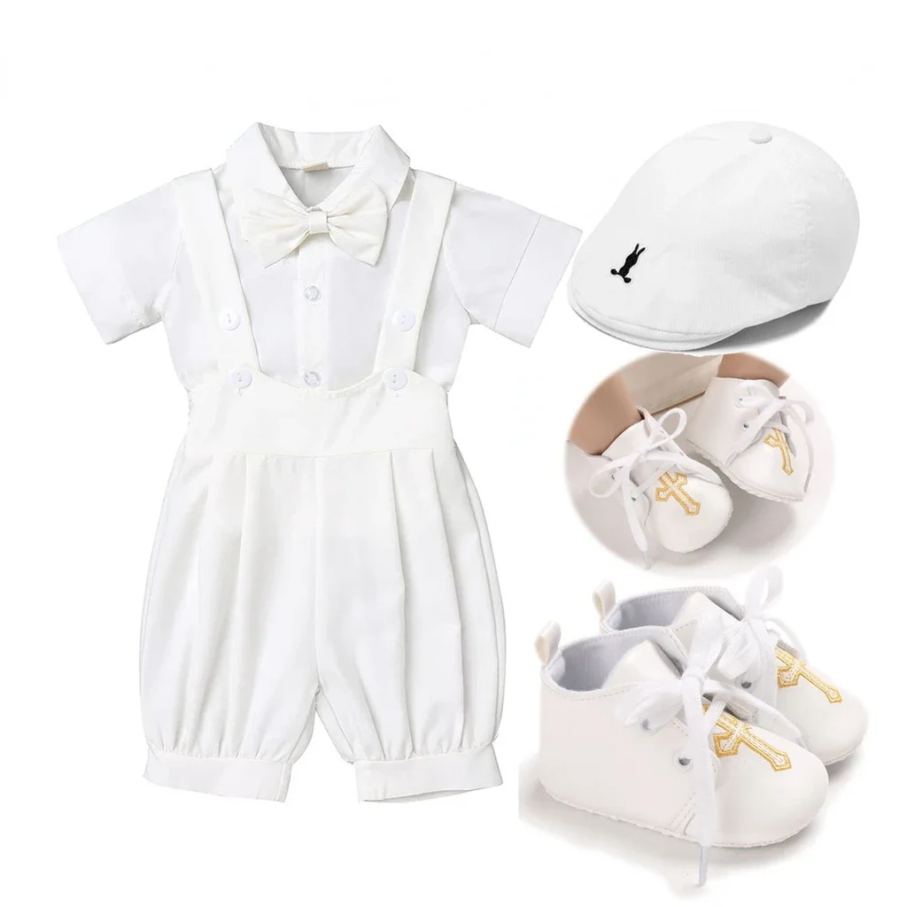 Baptismal Baby Boy  with Shoes Hat What Christening Outfit Boys and Girls Bow Tie Blouse Tops  Overalls Birthday