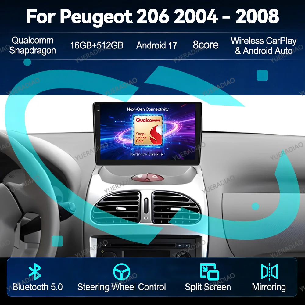 Android 17 Autoradio für Peugeot 206 2004 - 2008 Qualcomm 2DIN GPS NAVI 4G WIFI Headunit Multimedia Stereo Videoplayer QLED BT