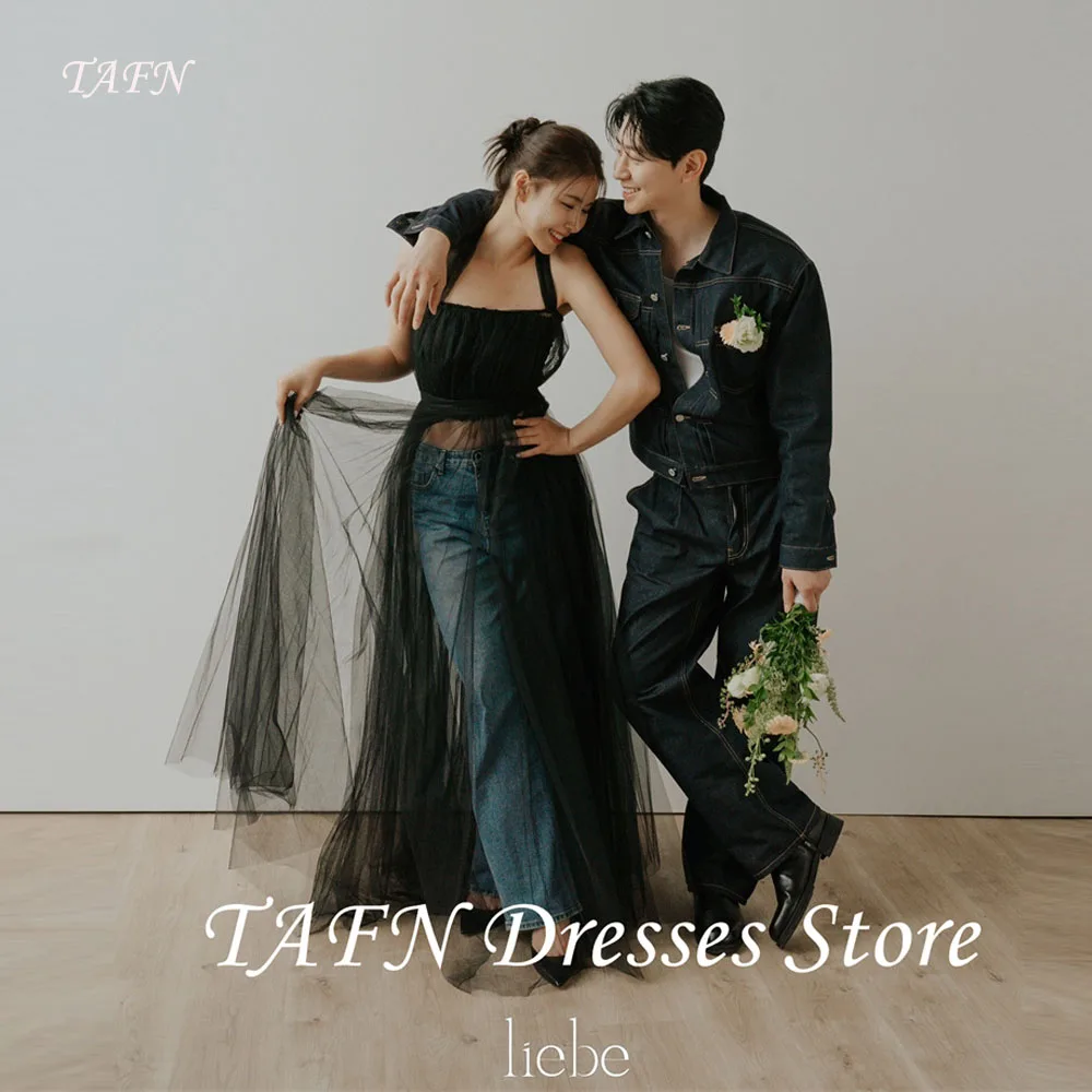 

TAFN Black Evening Party Dresses Korea Wedding Photo shoot Halter Tulle Floor Length Prom Gowns Wedding Photo shoot Customized