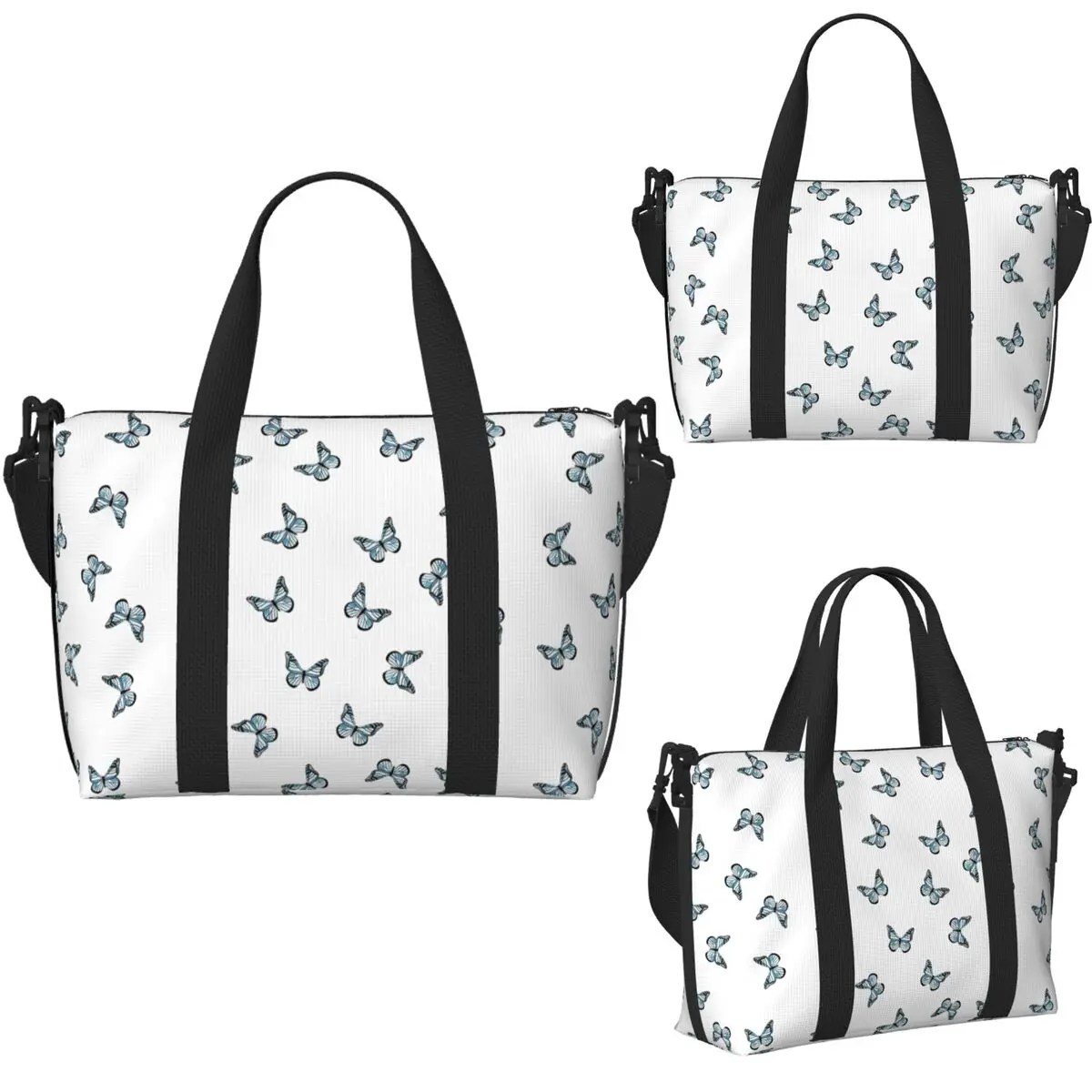 Custom Blue Pastel Butterflies Beach Travel Bag Large Capacity Tote Bags for Gym Yoga Women Shopping Duffle Shoulder Bag
