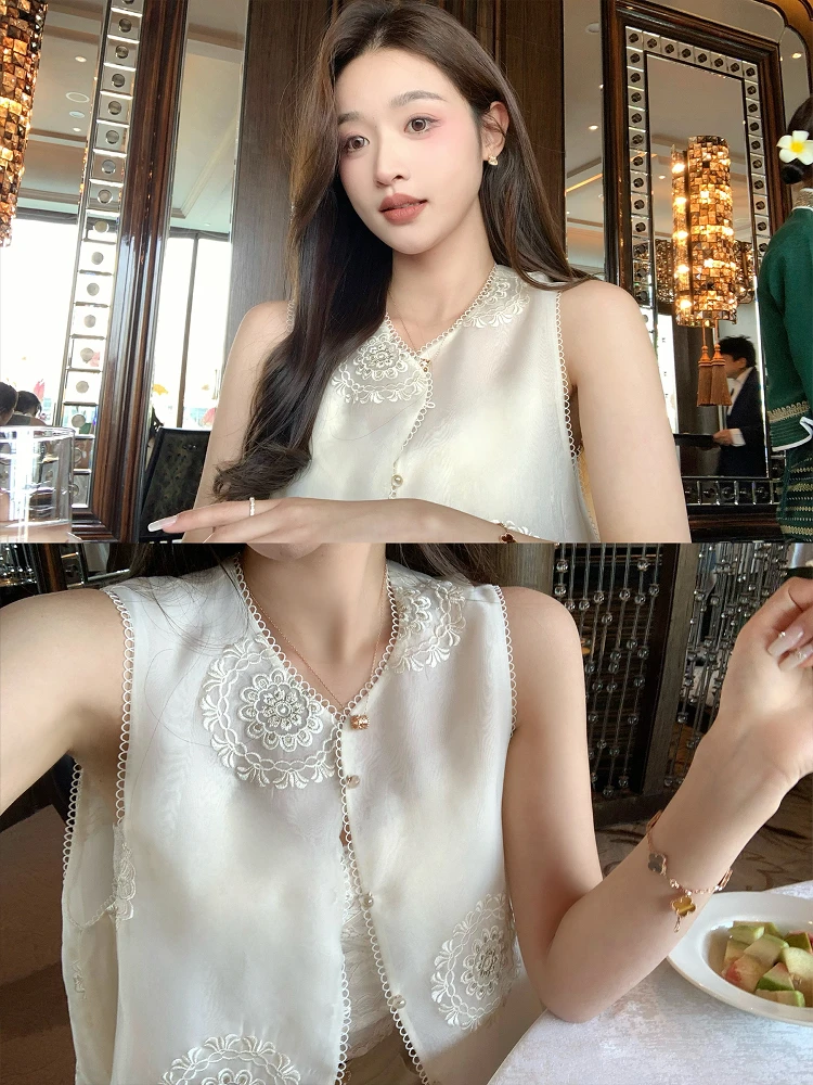 

Новый женский шелковый комплект Cchen Chencheng Serene Floating adows 00: топ и шорты в китайском стиле (без рукавов)