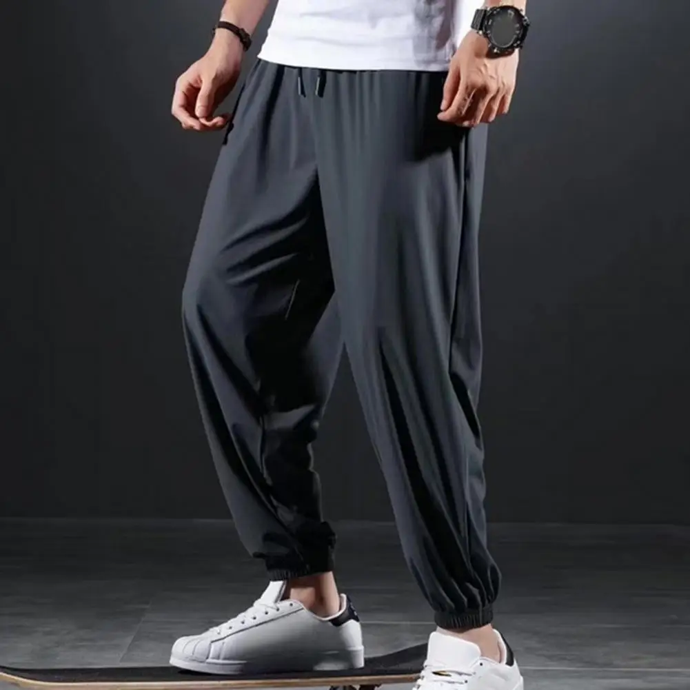 Men Casual Ice Silk Pants Loose Ankle-banded Pockets Drawstring Sport Pants Soft Breathable Elastic Waist Gym Sweatpants