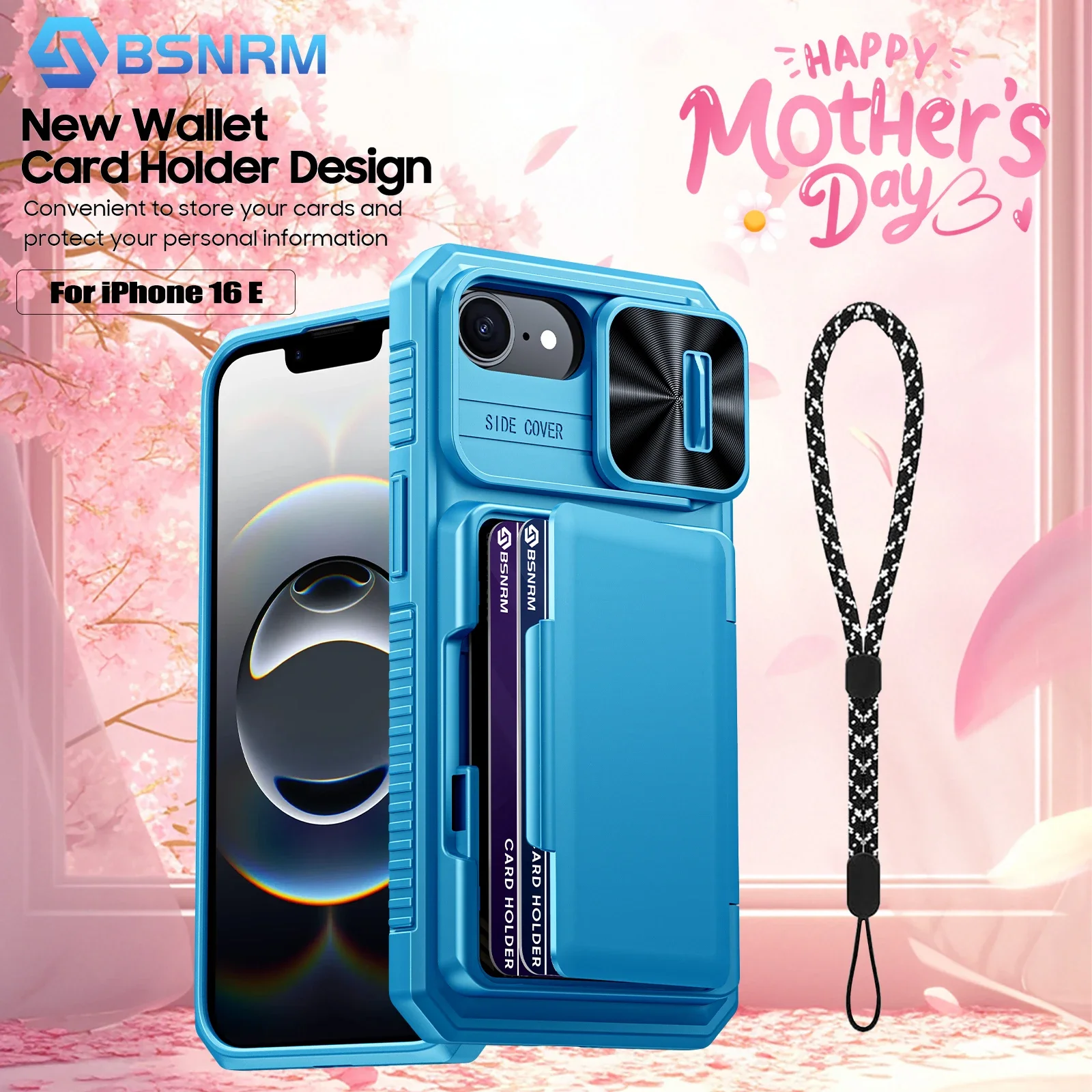 

Защита от блокировки RFID, раздвижной чехол для камеры, противоскользящий текстурированный чехол-кошелек, чехол для телефона IPhone 16 SE, подарок на день матери (синий)