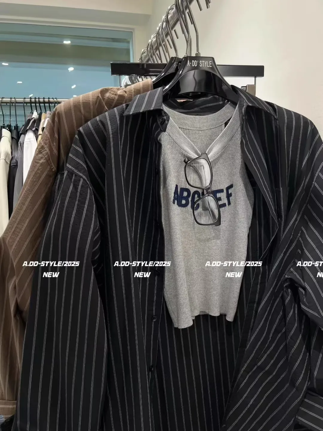 여성용 루즈핏 긴팔 스트라이프 셔츠, 커피색 캐주얼 슬레 버튼업 탑, 빈티지 가을 신상품, 동대문