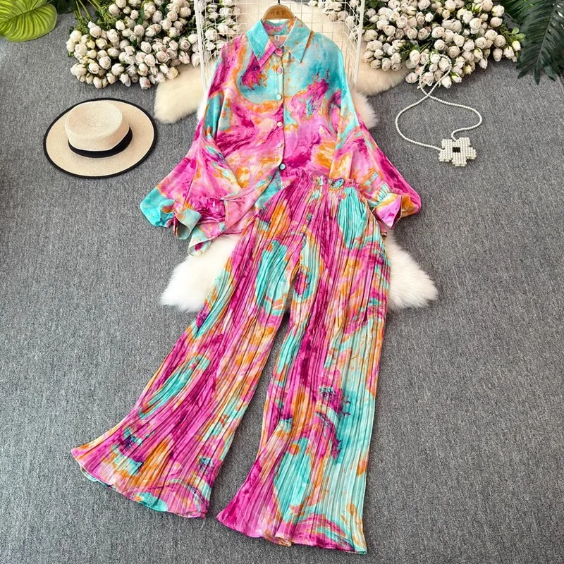 FRAYA LAB New  Europe and America Style Oversize Print Shirt Tops High Waist Long Pants Two Pieces Sets 2026