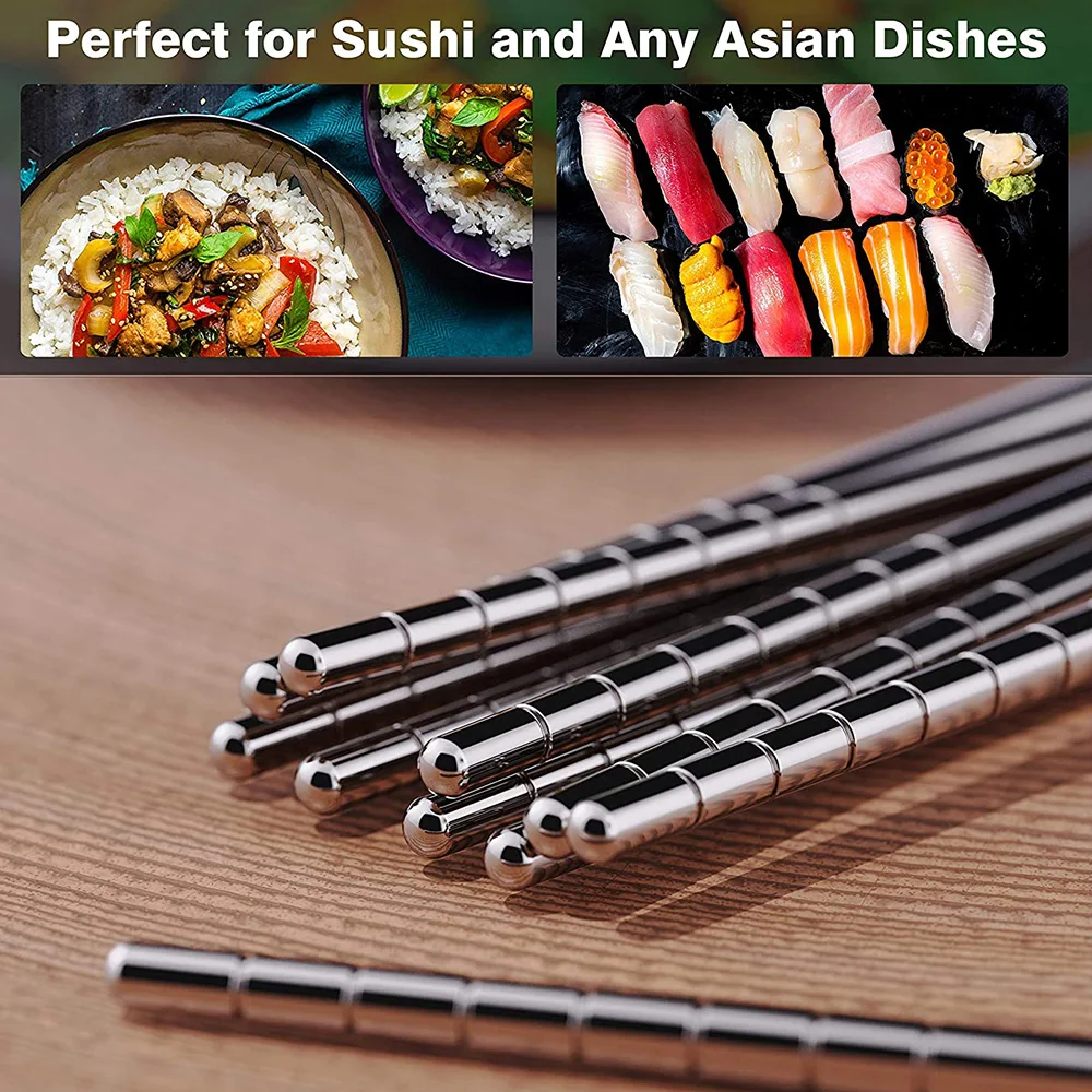 Reusable Sushi Chopsticks Set 304 Stainless Steel Non-Slip Japanese Food Chinese Korean Metal Chop Sticks Dishwasher Safe