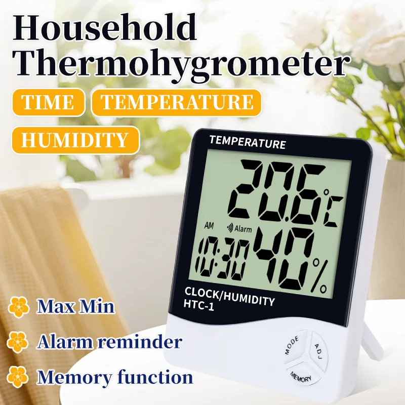 Digital Household Temperature Humidity Meter Indoor Room Outdoor Alarm Clock Thermometer Hygrometer Weather Station HTC-1