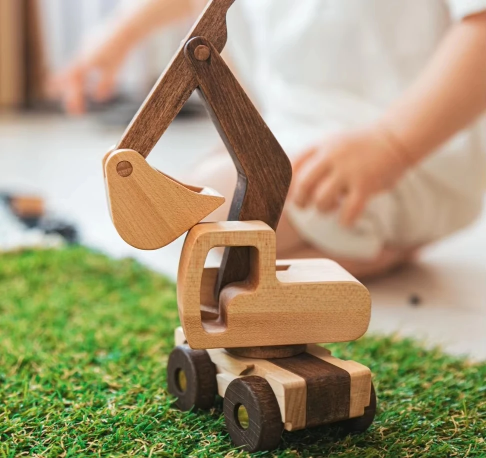 Handmade wooden construction toy excavator set custom baby birthday gift first Christmas children pretend to play