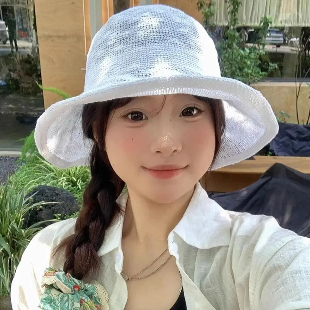 

Casual Knitted Bucket Hat Sun Protection Breathable Basin Cap Thin Foldable Outdoor Fisherman Hat