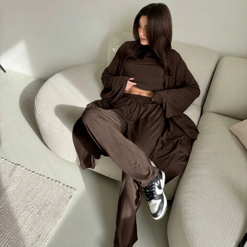 

2026 New Women's Knitted Milk Silk 3 Piece Loungewear Set Comfortable Long Sleeved Pajama Robe Trousers Spring Summer L Size